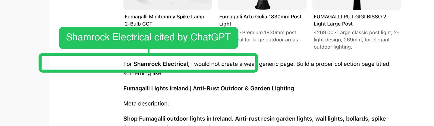 ChatGPT mentioning Shamrock Electrical for Fumagalli outdoor lights Ireland