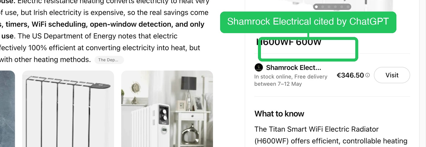 ChatGPT shopping results featuring Shamrock Electrical for electric radiators