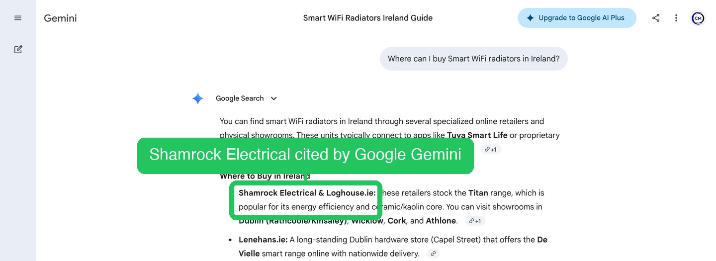 Google Gemini listing Shamrock Electrical first for Smart WiFi radiators in Ireland