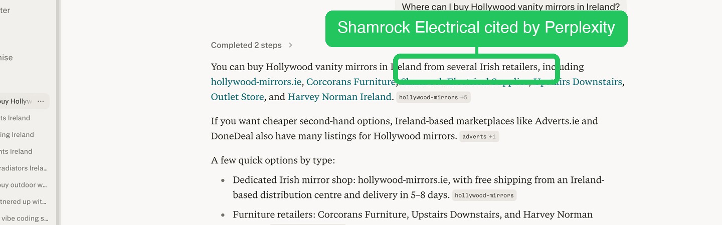 Perplexity naming Shamrock Electrical for Hollywood vanity mirrors in Ireland